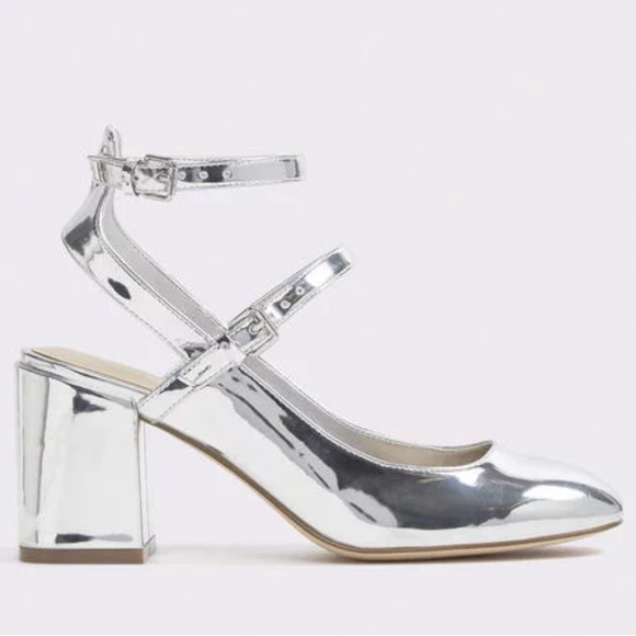 ALDO STRAPPY SILVER PATENT BLOCK HEELS - Picture 6 of 6